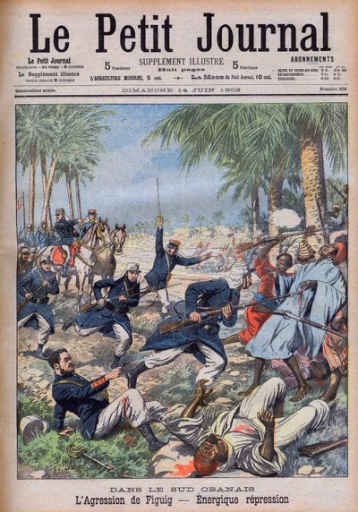 Soldati francesi che attaccano banditi marocchini minacciando i loro interessi nel Sud Oranais, Algeria, all