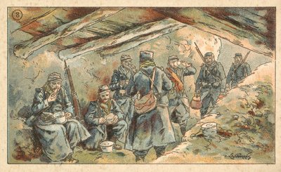 Soldati francesi che mangiano in un rifugio, Prima Guerra Mondiale da French School