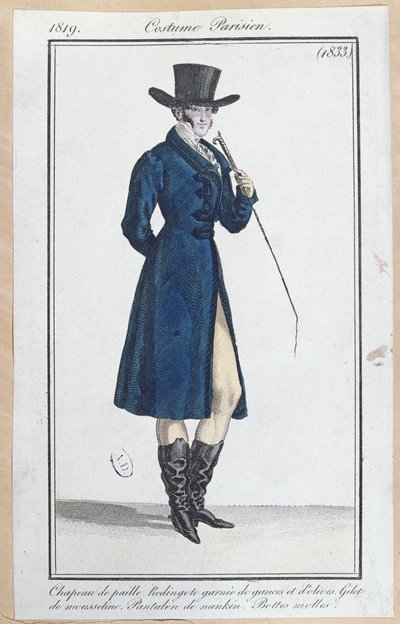 Frack con cappello di paglia, pantaloni di nanchino e stivali morbidi, 1819 da French School