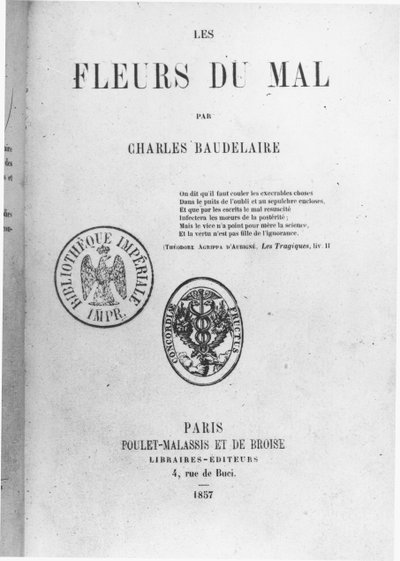 Copertina della prima edizione di Les Fleurs du mal di Charles Baudelaire (1821-67) pubblicata da Poulet-Malassis et de Broise, 1857 da French School