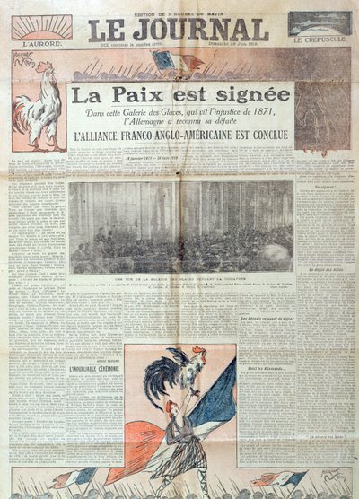 Prima pagina di Le Journal che celebra la firma del Trattato di Versailles il 28 giugno 1919, 29 giugno 1919 da French School