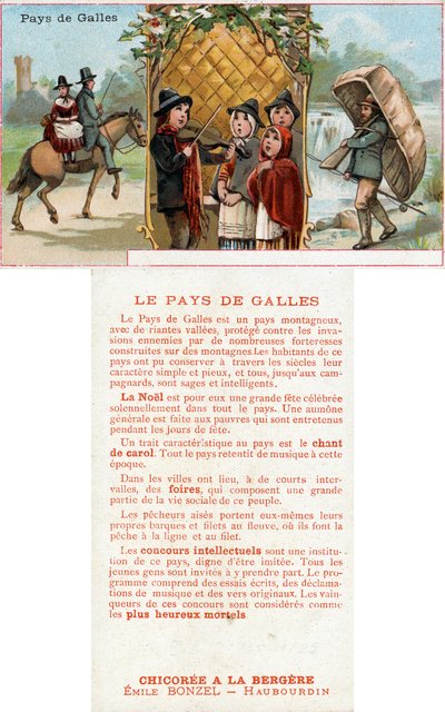 Fronte e retro di una carta promozionale per la bevanda Chicorée à la Bergère con raffigurazioni della vita in Galles, c.1890 da French School