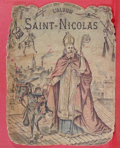 Copertina di un album illustrato raffigurante San Nicola che porta regali ai bambini, fine XIX secolo da French School