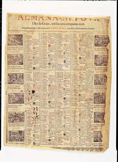 Prima pagina di un almanacco per il 1653 da French School