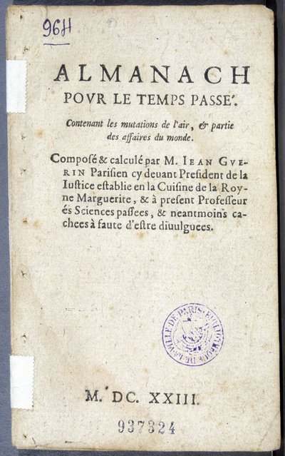 Frontespizio del libro "Almanach pour le temps passé", di Jean Guerin da French School