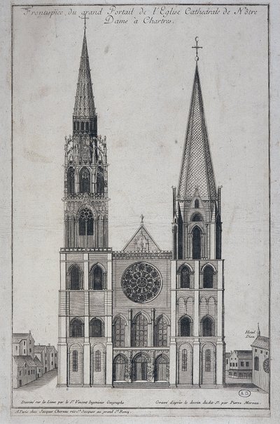Frontespizio del grande portale della Chiesa Cattedrale di Notre Dame a Chartres, disegnato sul posto da Saint Vincent Geografo Ingegnere, sd. XIX secolo da French School