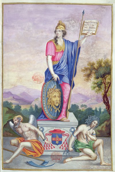 Frontespizio illustrazione allegorica della dea Minerva da Les Panegyriques des Hommes Illustres de Notre Siecle di Puget de la Serre, 1655 da French School