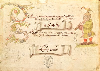 Frontespizio da Recueil de chants religieux et profanes IX raffigurante un uomo con occhiali che suona uno strumento a fiato con un uccello sulla testa, 1542 da French School