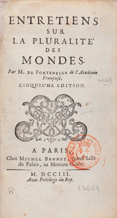 Frontespizio di Entretiens sur la Pluralite des Mondes, scritto da Bernard Le Bovier de Fontenelle, pubblicato nel 1773 da French School