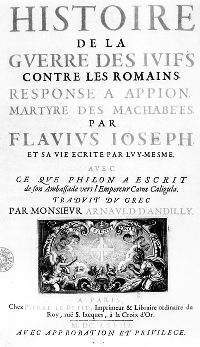 Frontespizio di Histoire de la Guerre des Juifs contre les Romains, di Flavio Giuseppe, pubblicato a Parigi da French School