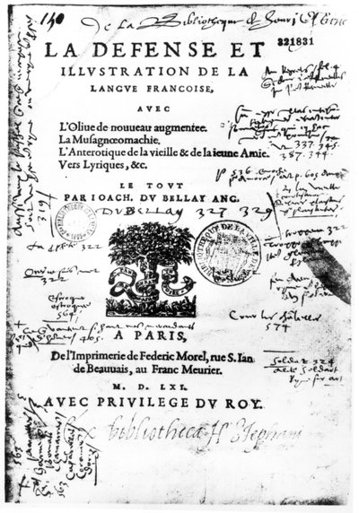 Frontespizio di La Défense et Illustration de la Langue Française di Joachim du Bellay, stampato da Federic Morel a Parigi nel 1561 (carta stampata con penna e inchiostro) da French School