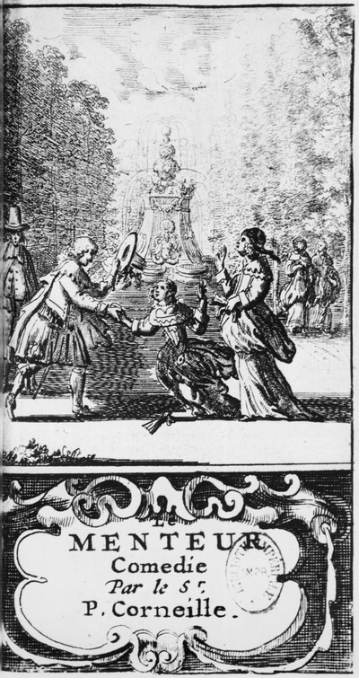 Frontespizio di Le Menteur di Pierre Corneille (1606-84) pubblicato nel 1664, Amsterdam da French School