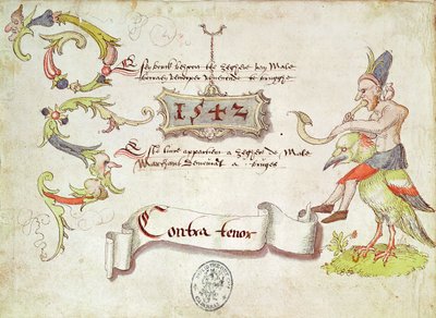 Frontespizio di Recueil de chants religieux et profanes II raffigurante un uomo che suona uno strumento a fiato curvo, cavalcando un uccello, parte del controtenore, 1542 da French School