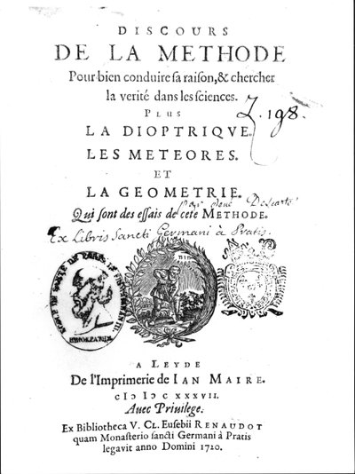 Frontespizio del Discours de la Methode seguito da La Dioptrique, Les Meteores et La Geometrie di René Descartes, prima pubblicazione a Leida nel 1637 da French School