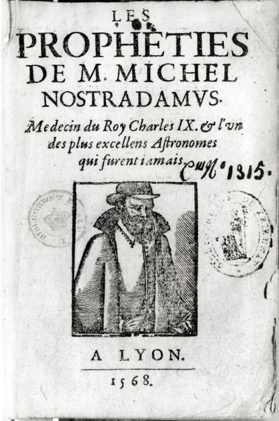Frontespizio di Les Propheties de M. Michel de Nostradamus (1503-66), con un ritratto di Nostradamus, pubblicato a Lione 1568 da French School