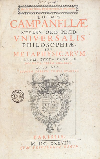 Frontespizio di Universalis Philosophiae di Tommaso Campanella, pubblicato a Parigi, 1638 da French School