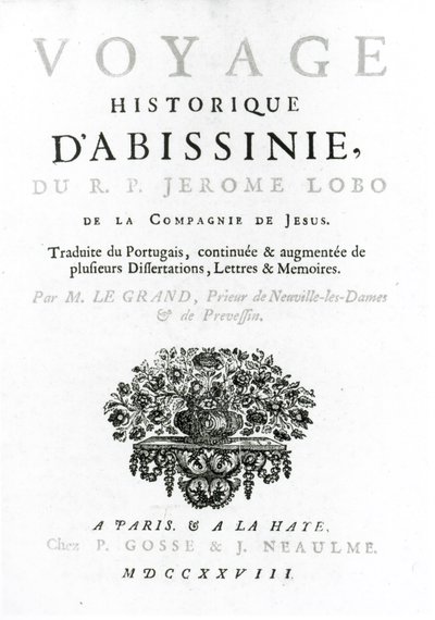 Frontespizio della traduzione francese di Viaggio in Abissinia di Jeronimo Lobo, pubblicato nel 1728 da French School