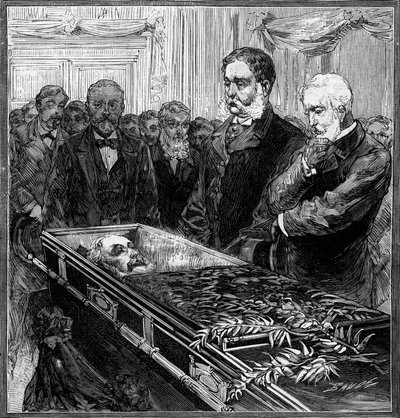 Funerale di James Abram Garfield (1831-1881), Presidente degli Stati Uniti: il suo successore, Chester Alan Arthur (1830-1886) e il Segretario Blain davanti alla bara sotto la cupola del Campidoglio di Washington. Incisione in 