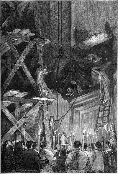 Funerale di Papa Pio IX (1792-1878): la sepoltura del corpo nella Basilica di San Pietro a Roma. Incisione in "Le Monde Illustré" n.1093 del 9 marzo 1878 da French School