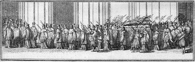Funerale di un papa nel XVIII secolo: il corpo del papa portato alla Chiesa di San Pietro a Roma. Incisione in "Histoire des religions" da French School