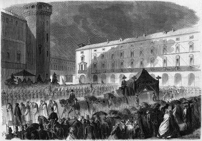 Funerale del Conte di Cavour, Torino, 7 giugno 1861: corteo funebre che trasporta la bara di Camillo Benso, Conte di Cavour (1810-1861), politico italiano. Incisione in 