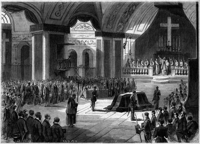 Funerale del Conte di Cavour, Torino, 7 giugno 1861: vista interna della chiesa della Madonna degli Angeli durante la cerimonia. Incisione in "Le Monde Illustré" n°219 del 22 giugno 1861. da French School