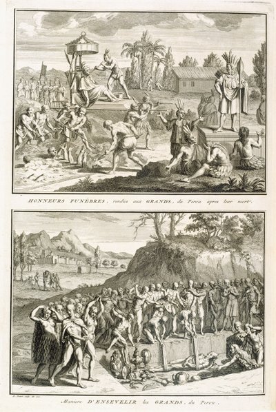 Riti funebri e modalità di sepoltura dei signori dopo la loro morte, in Perù, illustrazione da Cerimonie e costumi religiosi, inciso da Bernard Picart (1673-1733) 1722 da French School