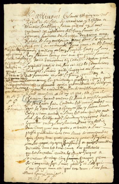 Contratto di commercio di pellicce tra Francois Francoeur e quattro voyageurs per il trasporto di merci e l