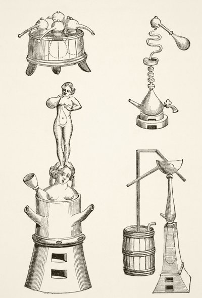 Forno, alambicchi, distillatori e apparecchi di distillazione usati da chimici e alchimisti nel XVI secolo, da Scienza e Letteratura nel Medioevo di Paul Lacroix, pubblicato a Londra nel 1878 da French School