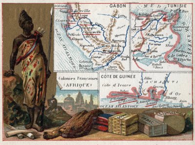 Gabon, Tunisia e la costa della Guinea in Africa. Serie sulle colonie francesi. Materie prime: gomma, spugna, tabacco e sete, avorio. Cromolitografia, circa 1920. Collezione privata. da French School