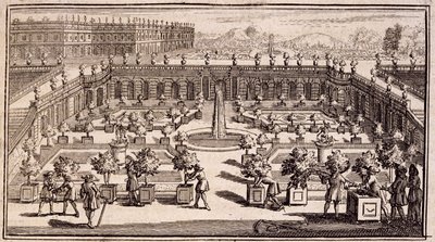Giardinieri che lavorano in un giardino di aranci, da Le Parfait Jardinier, ou Instruction pour les Jardins Fruitiers et Potager, di Jean de la Quintinye, pubblicato 1695 da French School