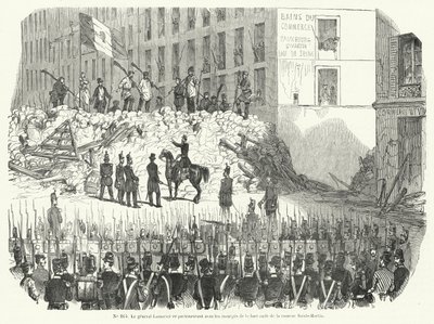 Generale Lamoriciere che negozia con i lavoratori armati che difendono la loro barricata fuori dalla caserma di Saint Martin, Parigi, 23 giugno 1848 (incisione) da French School