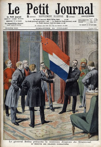 Il generale Pieter Willem Botha (un boero) presenta la nuova bandiera del Transvaal (Sudafrica) al ministro coloniale inglese Lord Elgin - 