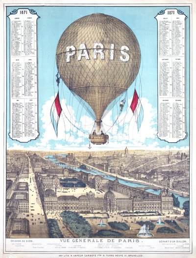 Veduta generale di Parigi e elenco dei luoghi di partenza dei palloni durante l