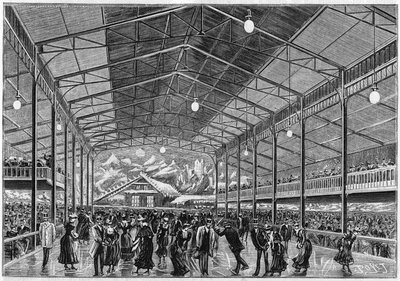 Vista generale della pista di pattinaggio su ghiaccio artificiale "Le pole nord" in rue de Clichy a Parigi nel 1892. da French School