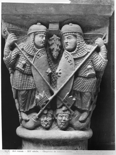 Generosità e Carità che trafiggono due Vizi, capitello che raffigura la Lotta dei Vizi contro le Virtù, dalla chiesa di Notre-Dame-du-Port, Clermont-Ferrand (calco in gesso da pietra) da French School
