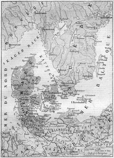 Carta geografica della Danimarca nel 1861, con i Ducati di Schleswig, Holstein e Lauenburg. Incisione in “Le Monde Illustré” n.200 del 9 febbraio 1861 da French School