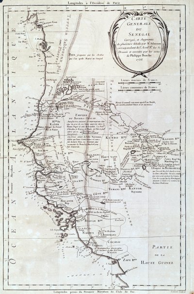 Mappa geografica del Senegal da un Atlante di Philippe Buache (1700-1773) 1756 Parigi, museo di storia naturale da French School