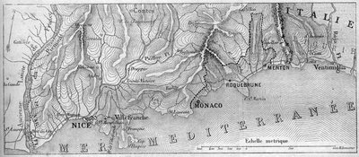Carta geografica del Principato di Monaco, nel 1861, prima che la città di Roquebrune e Mentone si unissero alla Francia. Incisione in 