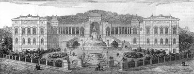 Vista geometrale del Palais de Longchamp a Marsiglia, Bouches-du-Rhône, costruito nel 1862 da Henri Jacques Espérandieu. Incisione in 