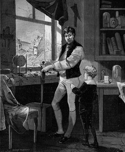 George Stephenson, ingegnere britannico (1781-1848) con suo figlio da French School