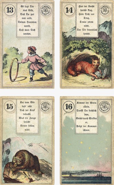 Edizione tedesca del mazzo di cartomanzia francese Lenormand: Il Bambino, La Volpe, L