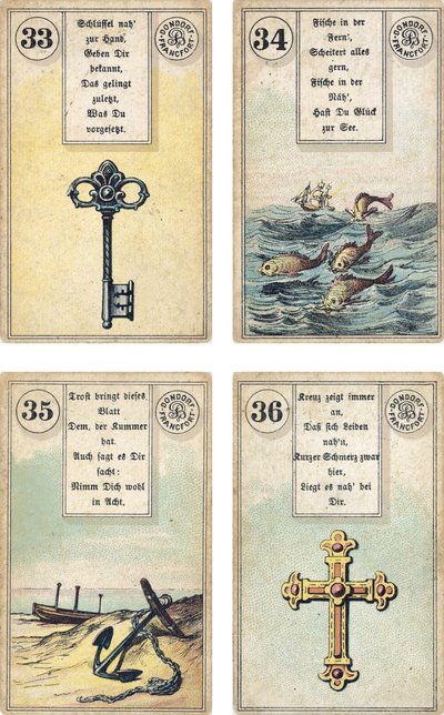 Edizione tedesca del mazzo di cartomanzia francese Lenormand: La Chiave, Il Pesce, L