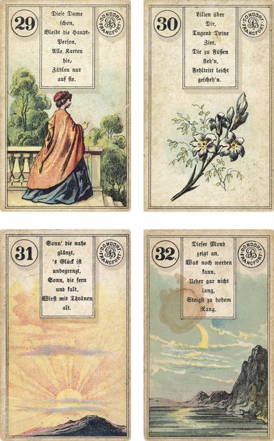 Edizione tedesca del mazzo di cartomanzia francese Lenormand: La Signora, I Gigli, Il Sole, La Luna, pubblicato da Dondorf, Francoforte, XIX secolo da French School