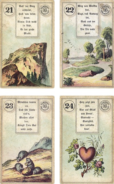 Edizione tedesca del mazzo di cartomanzia francese Lenormand: La Montagna, La Strada, I Topi, Il Cuore, pubblicato da Dondorf, Francoforte, XIX secolo da French School
