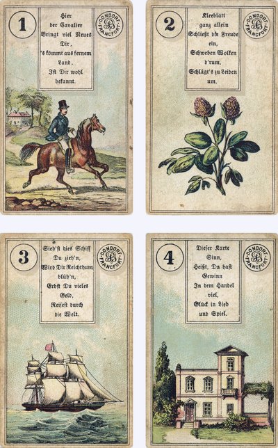 Edizione tedesca del mazzo di cartomanzia francese Lenormand: Il Cavaliere, Il Trifoglio, La Nave, La Casa, pubblicato da Dondorf, Francoforte, XIX secolo da French School