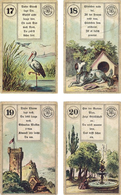 Edizione tedesca del mazzo di cartomanzia francese Lenormand: La Cicogna, Il Cane, La Torre, Il Giardino, pubblicato da Dondorf, Francoforte, XIX secolo da French School