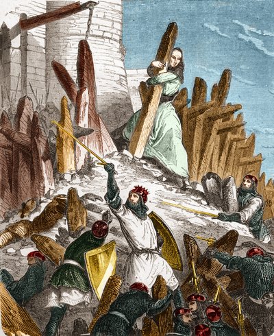 Guerra contro Hugues du Puiset da parte di Luigi il Grosso: Attacco del castello di Puiset (situato nel dipartimento di Eure-et-Loir) da parte delle forze del re di Francia Luigi VI il Grosso nel 1118. Incisione in "Histoire De France En Cent Peintures" di da French School