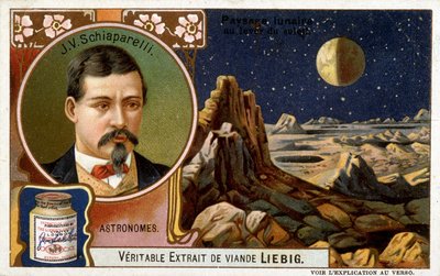 Giovanni Virginio Schiaparelli (1835-1910), astronomo italiano e paesaggi lunari - cromolitografia Liebig, c. 1900 da French School