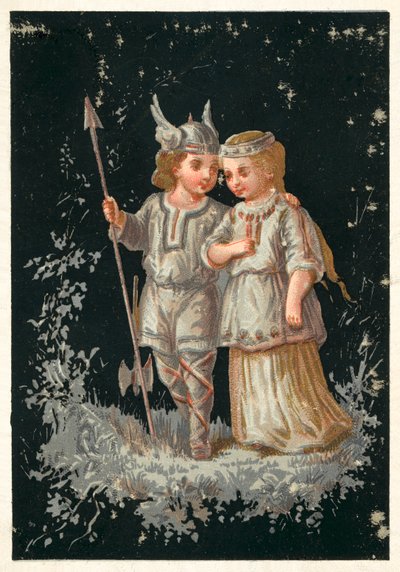 Ragazza e ragazzo in costume norreno o germanico da French School